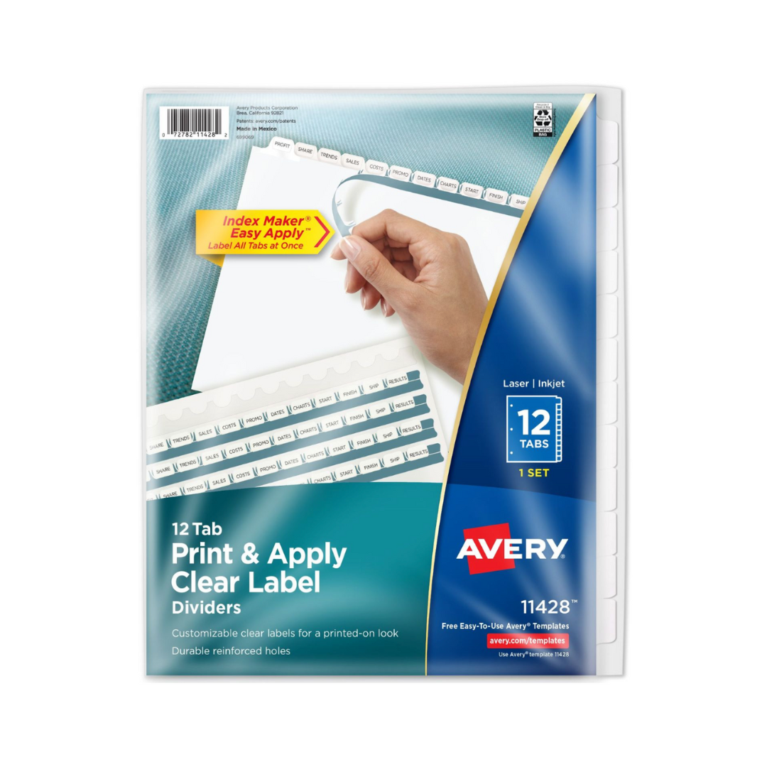 Avery® Separadores blancos x 12, tira de etiquetas imprimibles Index Maker® Easy Apply™, 1 set (11428)