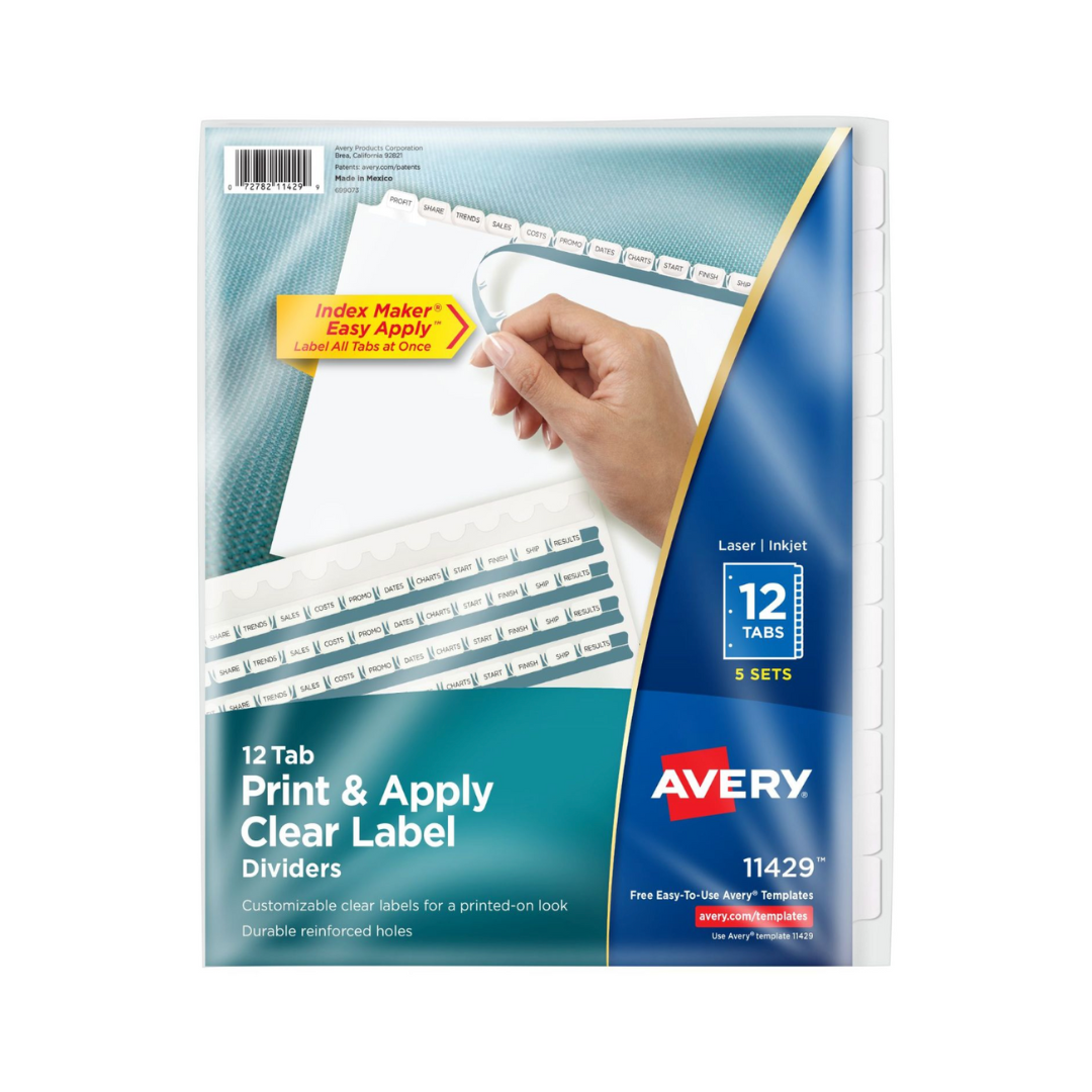 Avery® Separadores blancos x12, tira de etiquetas imprimibles Index Maker® Easy Apply™, 5 sets (11429)