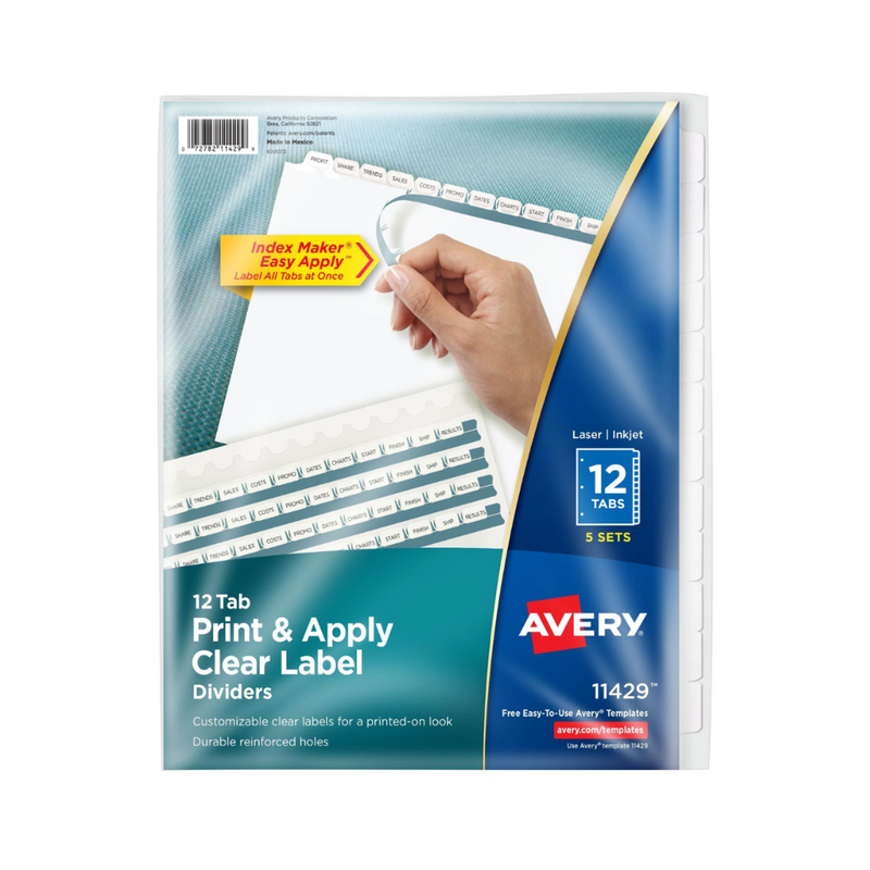 Avery® Separadores blancos x12, tira de etiquetas imprimibles Index Maker® Easy Apply™, 5 sets (11429)