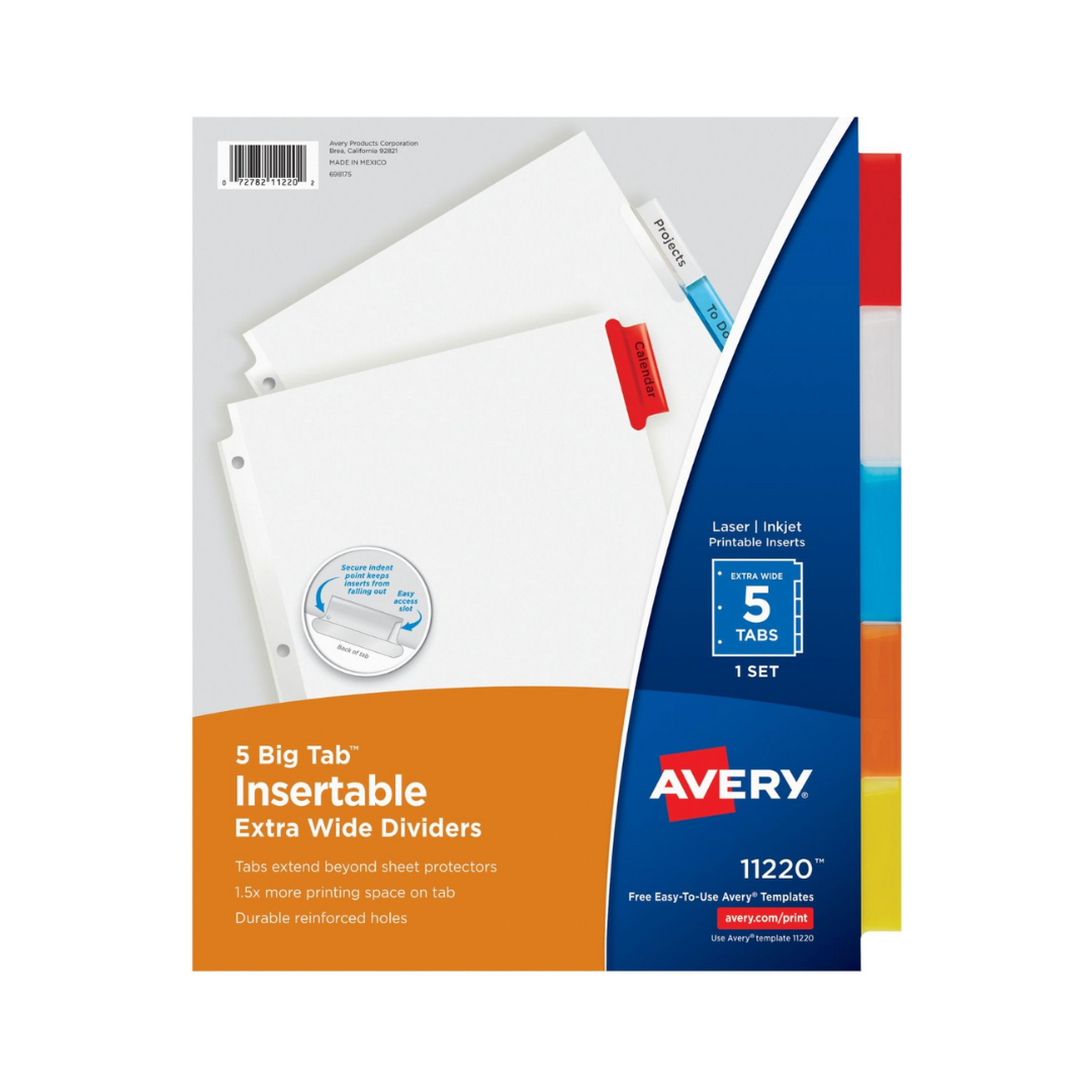 Avery® Separadores insertables extra anchos  Big Tab™, juego de 5 separadores, multicolor (11220)