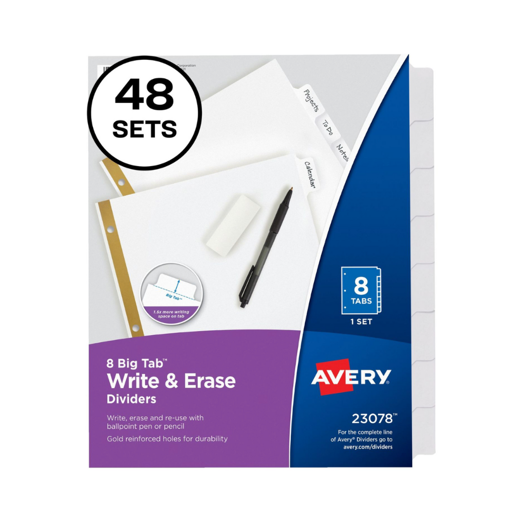Avery® Separadores Big Tab™, escritura y borrado, carpeta de 3 anillos, set de 8 separadores blancos (23078)