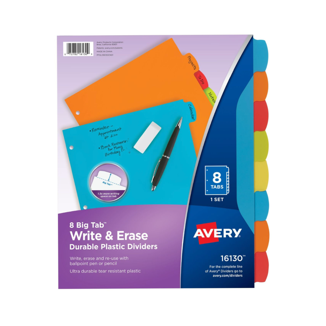 Avery® Big Tab™ Separadores de plástico duradero para escribir y borrar, juego de 8 separadores, multicolor (16130)
