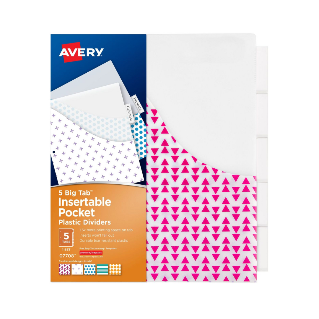 Avery® Big Tab™ Separadores de plástico insertables con bolsillos, juego de 5 pestañas, diseños variados (07708)