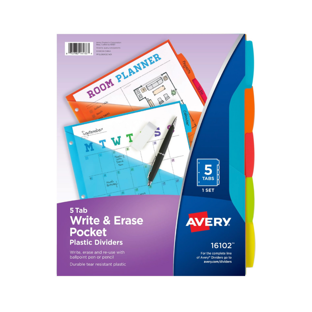 Avery® Big Tab™ Separadores de plástico duradero para escribir y borrar, juego de 5 separadores con bolsillo, multicolor (16102)