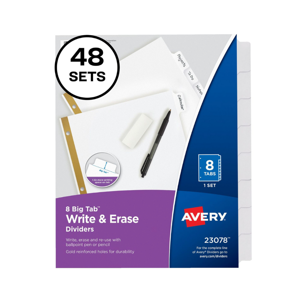 Avery® Separadores Big Tab™, escritura y borrado, carpeta de 3 anillos, set de 5 separadores multicolor (23078)