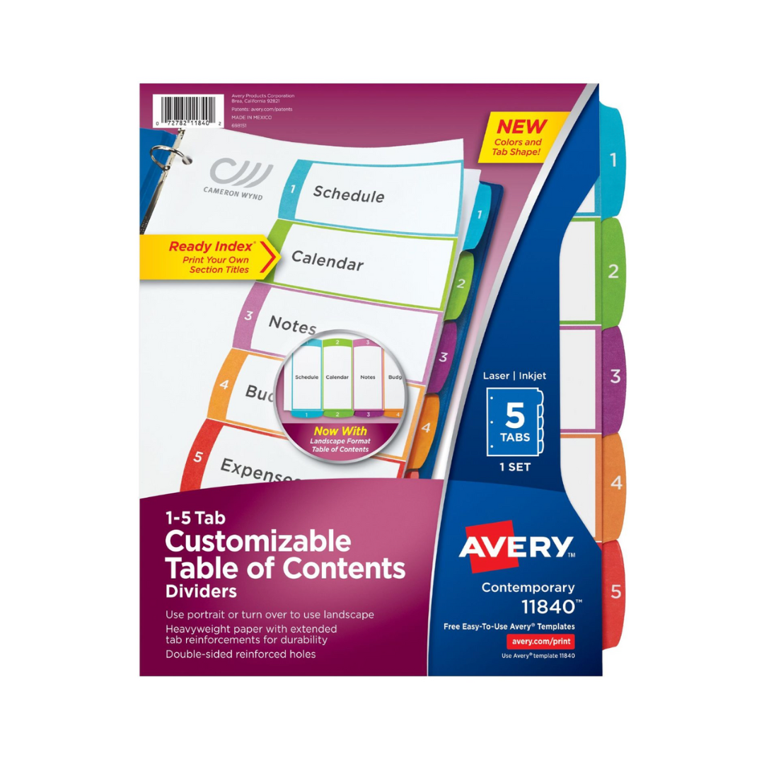 Avery® Ready Index® 5 separadores de carpeta con pestañas, tabla de contenido personalizable, pestañas multicolor modernas, 1 juego (11840)