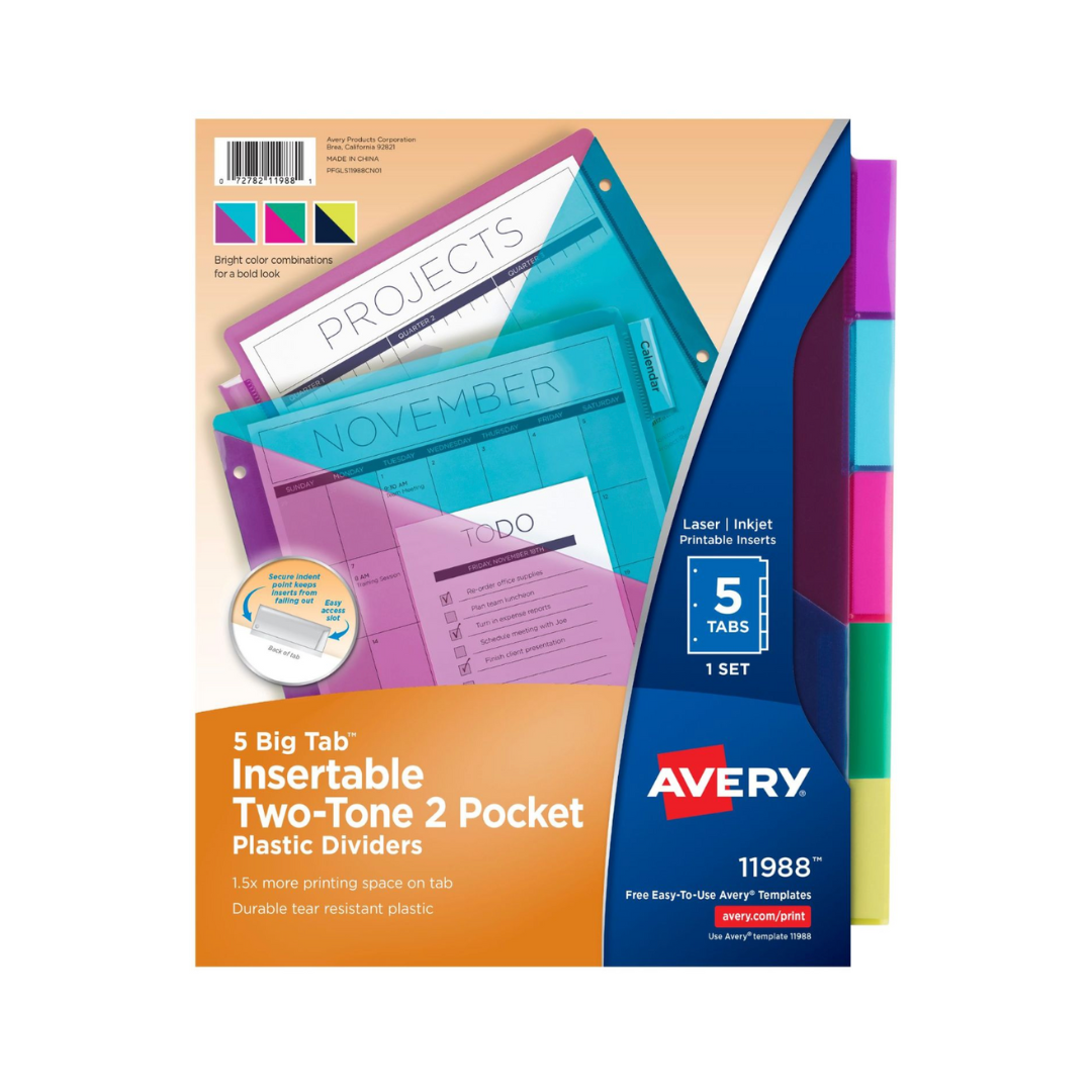 Avery® Big Tab™ Separadores de plástico insertables, dos tonos, dos bolsillos, juego de 5 separadores (11988)
