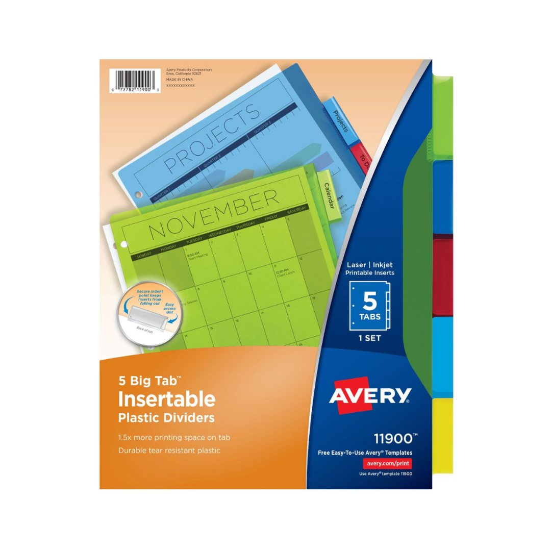 Avery® Big Tab™ Separadores de plástico insertables, juego de 5 pestañas, multicolor (11900)