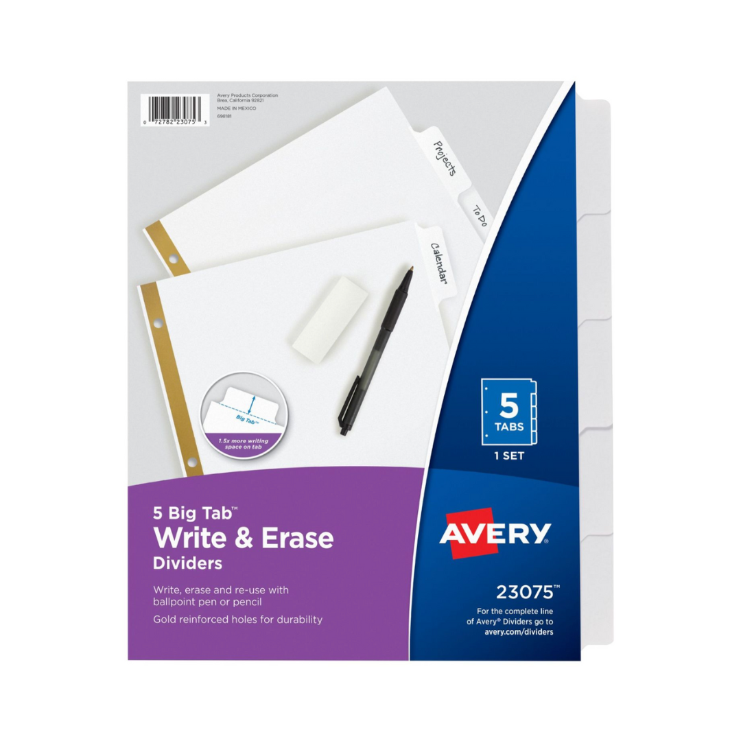 Avery® Separadores Big Tab™, escritura y borrado, carpeta de 3 anillos, set de 5 separadores blancos (23075)