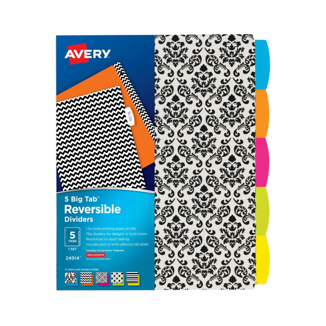 Avery® Big Tab™ Separadores reversibles, 5 separadores por set, diseños variados (24914)