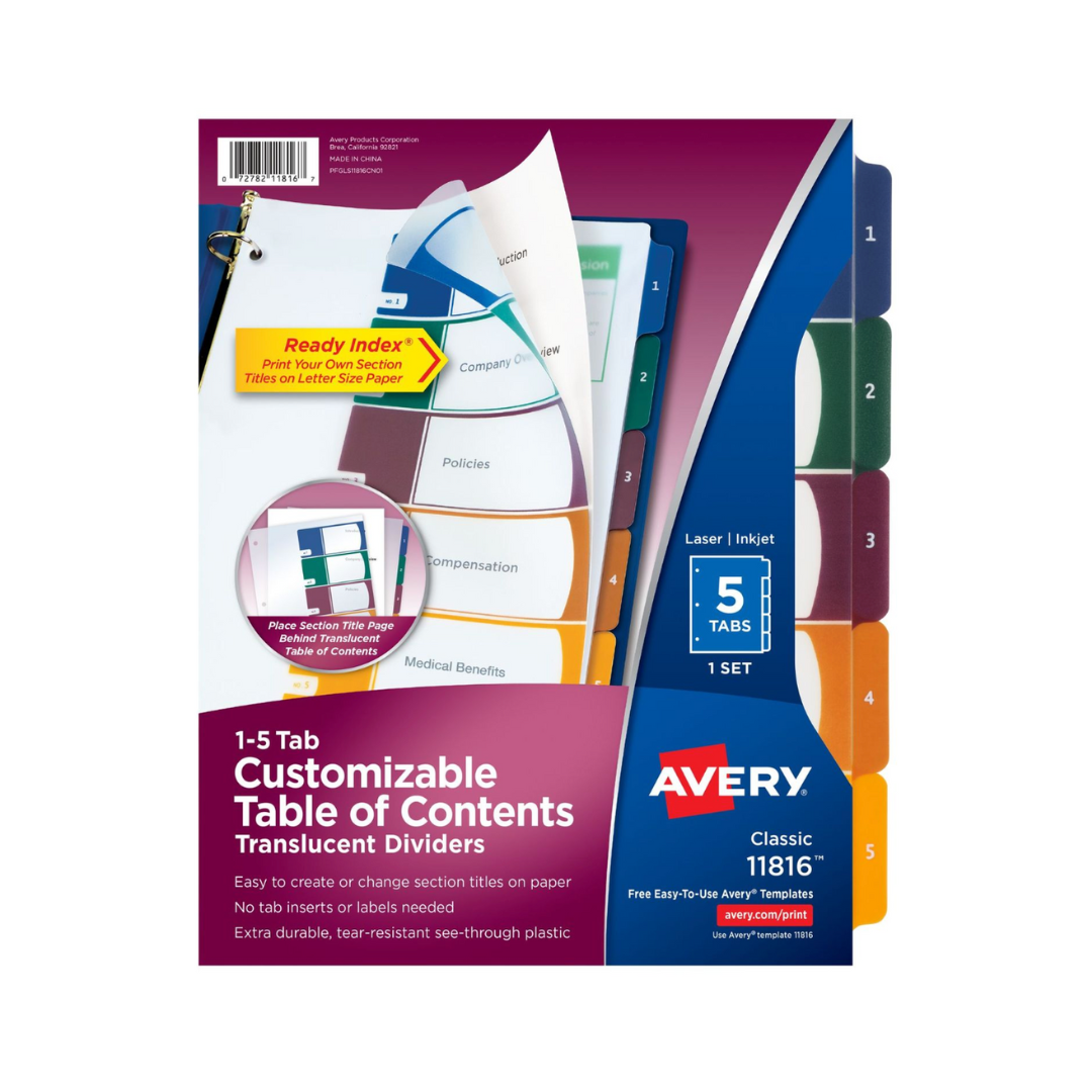 Avery® Separadores de plástico para 5 pestañas Ready Index® , tabla de contenido personalizable, pestañas multicolores, 1 juego (11816)