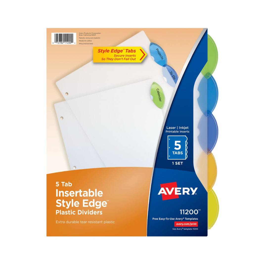Avery® Separadores de plástico Insertable Style Edge™, juego de 5 separadores, multicolor (11200)