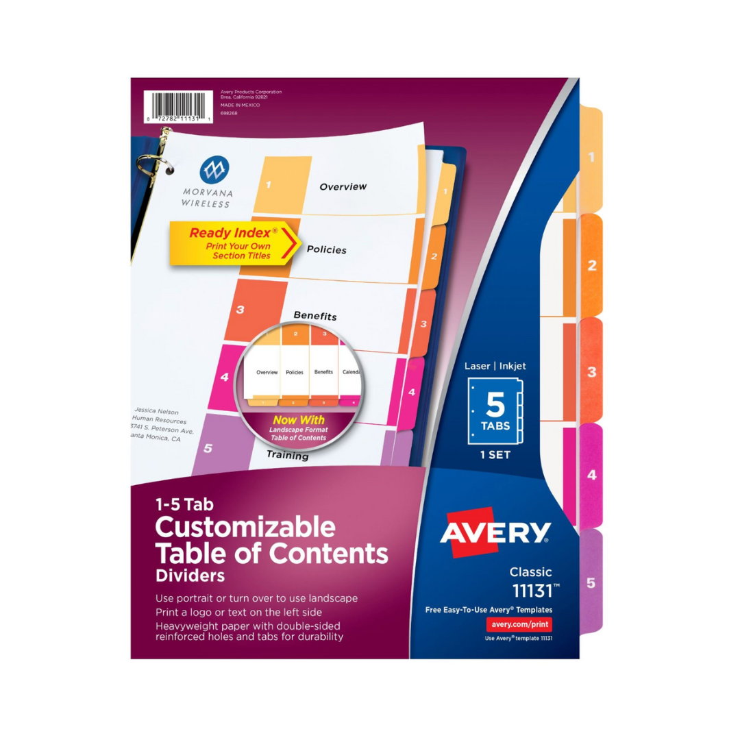 Avery® separadores de carpeta con pestañas, Ready Index®,  tabla de contenido personalizable, 5 separadores multicolores, 1 juego (11131)