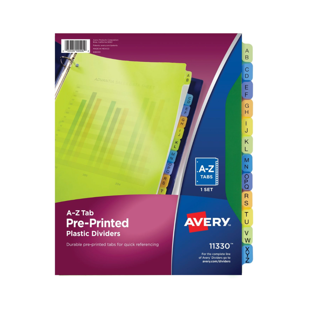Avery® Separadores de plástico preimpresos, juego de 12 separadores, A-Z, multicolor (11330)