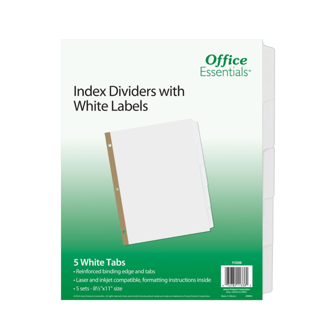 Avery® Separadores insertables Office Essentials™, 5 separadores con pestañas transparentes, 1 set (11336)