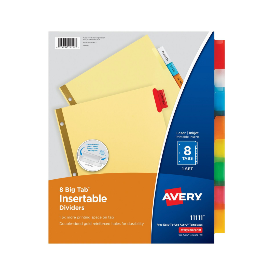 Avery®  Separadores insertables Big Tab™, papel resistente juego de 8 pestañas, pestañas multicolor (11111)