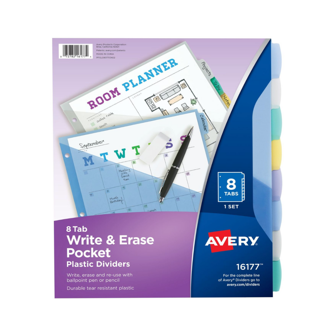 Avery® Big Tab™ Separadores de plástico duradero para escribir y borrar, juego de 8 separadores con bolsillo, multicolor (16177)