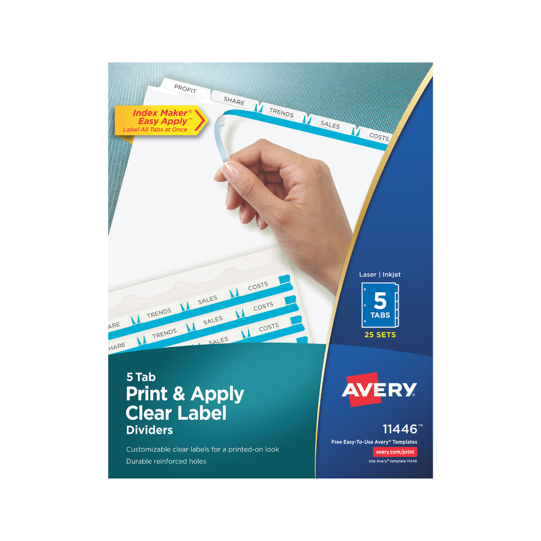 Avery® Separadores blancos x5, tira de etiquetas imprimibles Index Maker® Easy Apply™, 25 sets (11446)