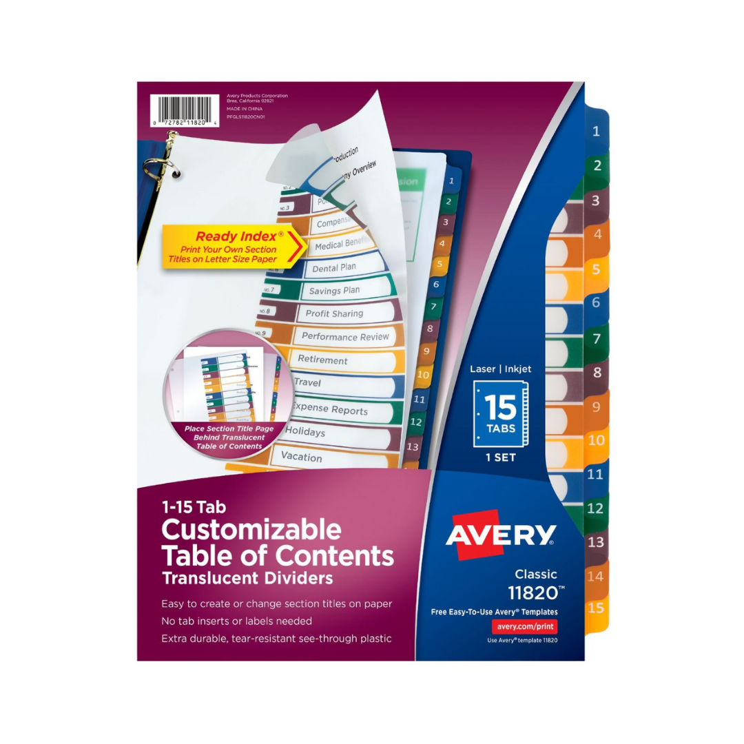 Avery® Separadores de plástico para 15 pestañas Ready Index® , tabla de contenido personalizable, pestañas multicolores, 1 juego (11820)