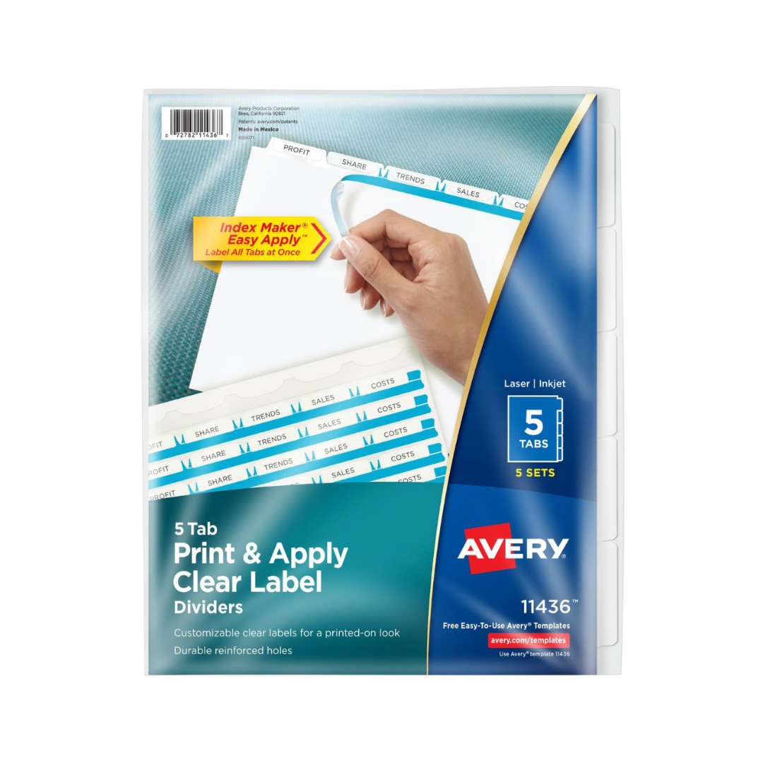 Avery® Separadores blancos x5, tira de etiquetas imprimibles Index Maker® Easy Apply™, 5 sets (11436)