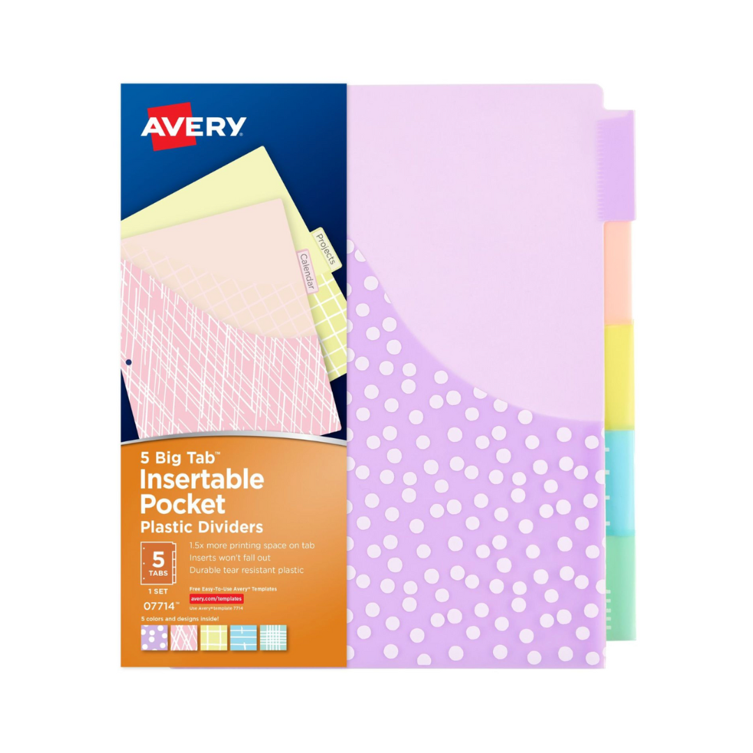 Avery® Separadores plásticos Big Tab™, de 5 pestañas insertables, 1 bolsillo, diseños clásicos en colores pastel, 1 juego (07714)