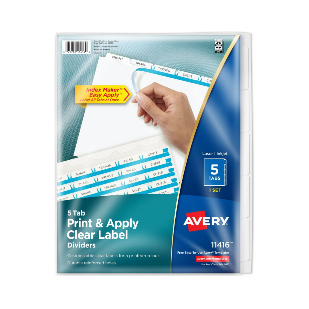 Avery® Separadores blancos x5, tira de etiquetas imprimibles Index Maker® Easy Apply™, 1 set (11416)
