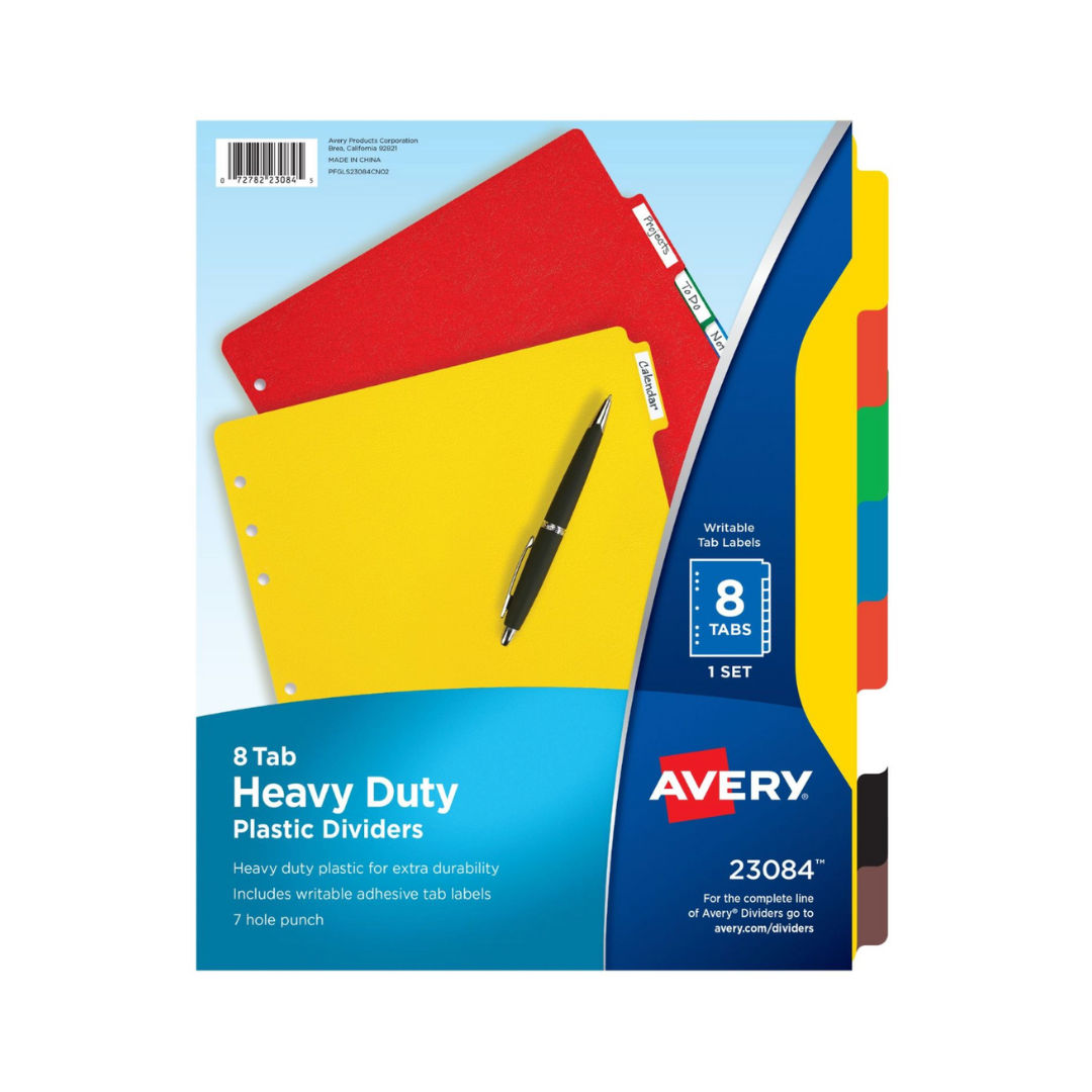 Avery® Separadores de plástico resistentes, juego de 8 separadores, multicolor (23084)