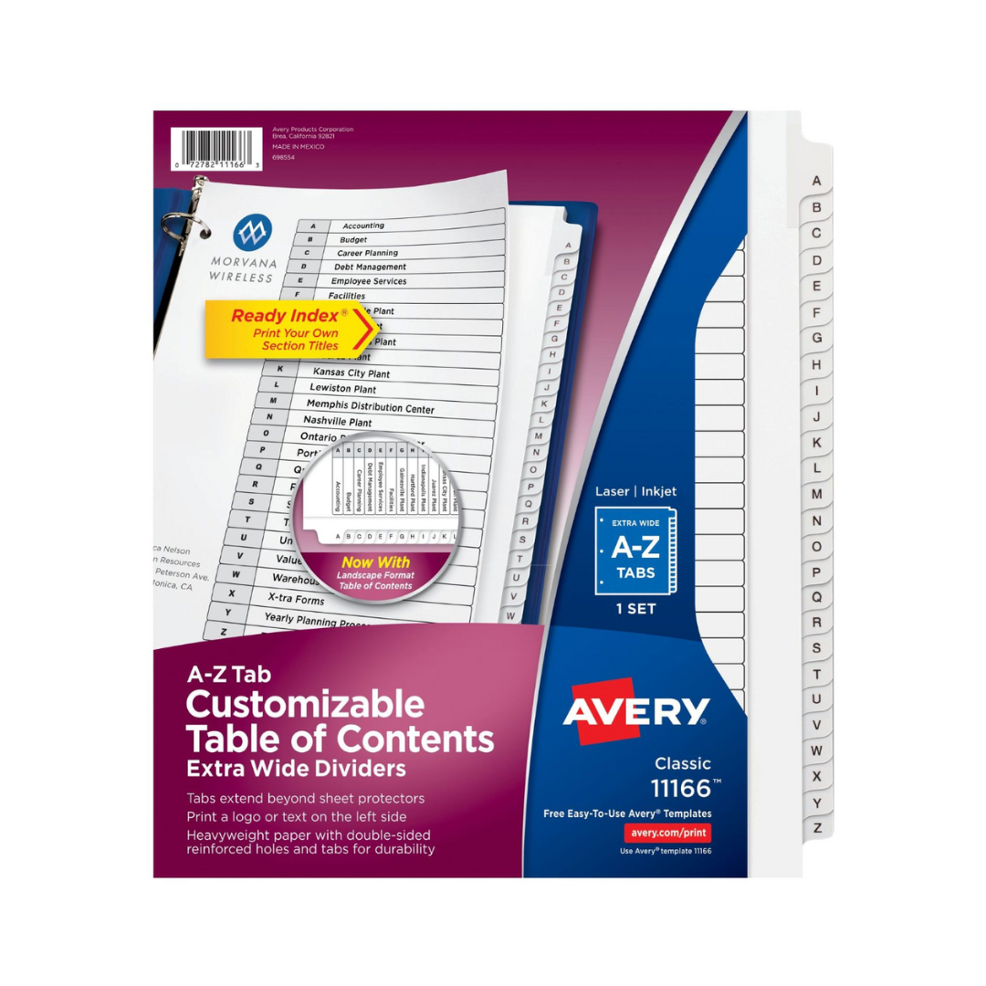 Avery® Separadores extra anchos, tabla de contenido personalizable, títulos de secciones imprimibles Ready Index®, 26 separadores blancos preimpresos de la A a la Z, 1 juego (11166)