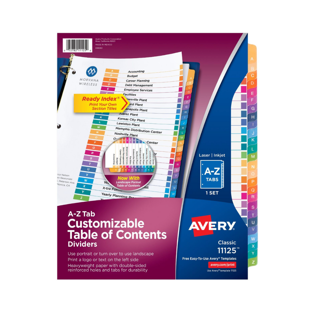 Avery®  Separadores de folder de A-Z, Ready Index®, tabla de contenido personalizable, separadores multicolor clásicos, 1 juego (11125)