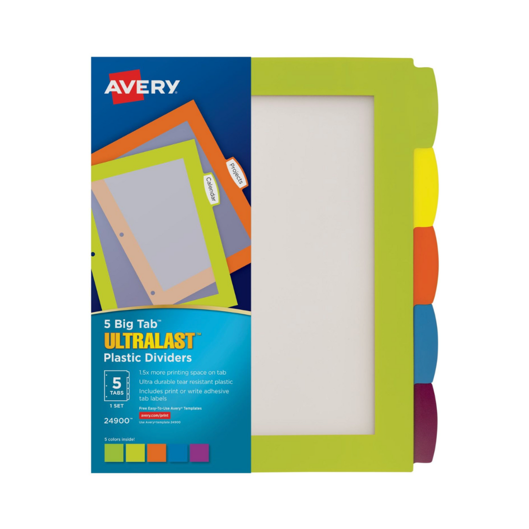 Avery® Separadores Ultralast™ de plástico Big Tab™, set de 5 separadores, multicolor (24900)