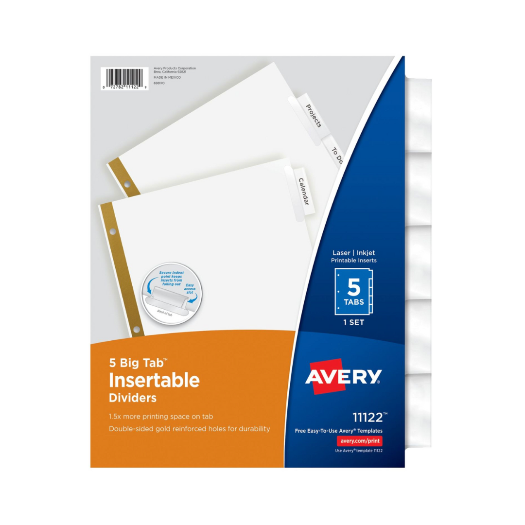 Avery® Separadores insertables Big Tab™, juego de 5 separadores, papel blanco y pestañas transparentes (11122)