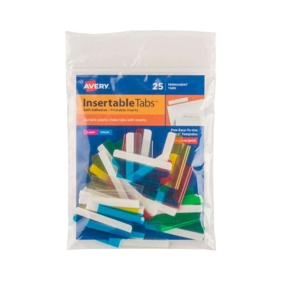 Avery® Pestañas insertables, autoadhesivas, insertos imprimibles, 25 pestañas de 1.5cms (16228)