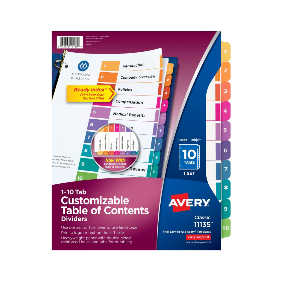 Avery® Separadores de carpeta con pestañas, Ready Index®, tabla de contenido personalizable,  separadores multicolor clásicos enumerados del 1 al 10, 1 juego (11135)