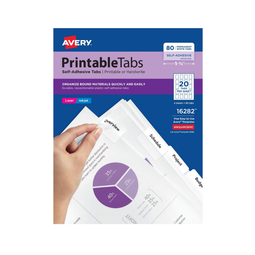 Avery® Pestañas imprimibles, plástico, autoadhesivas, reposicionables, 4.4cms, blanco, 80 pestañas (16282)