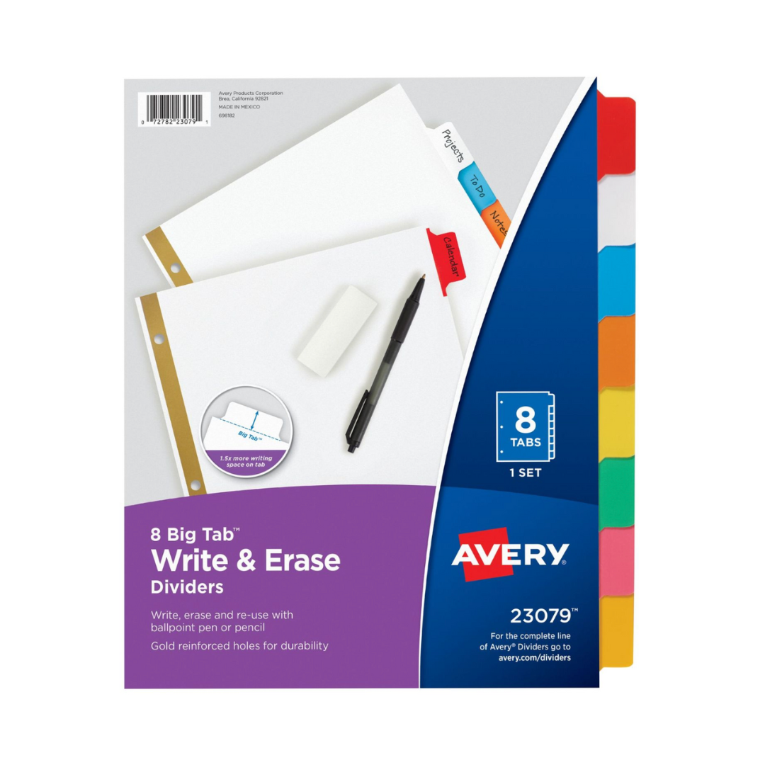 Avery® Separadores Big Tab™, escritura y borrado, carpeta de 3 anillos, set de 8 separadores multicolor (23079)