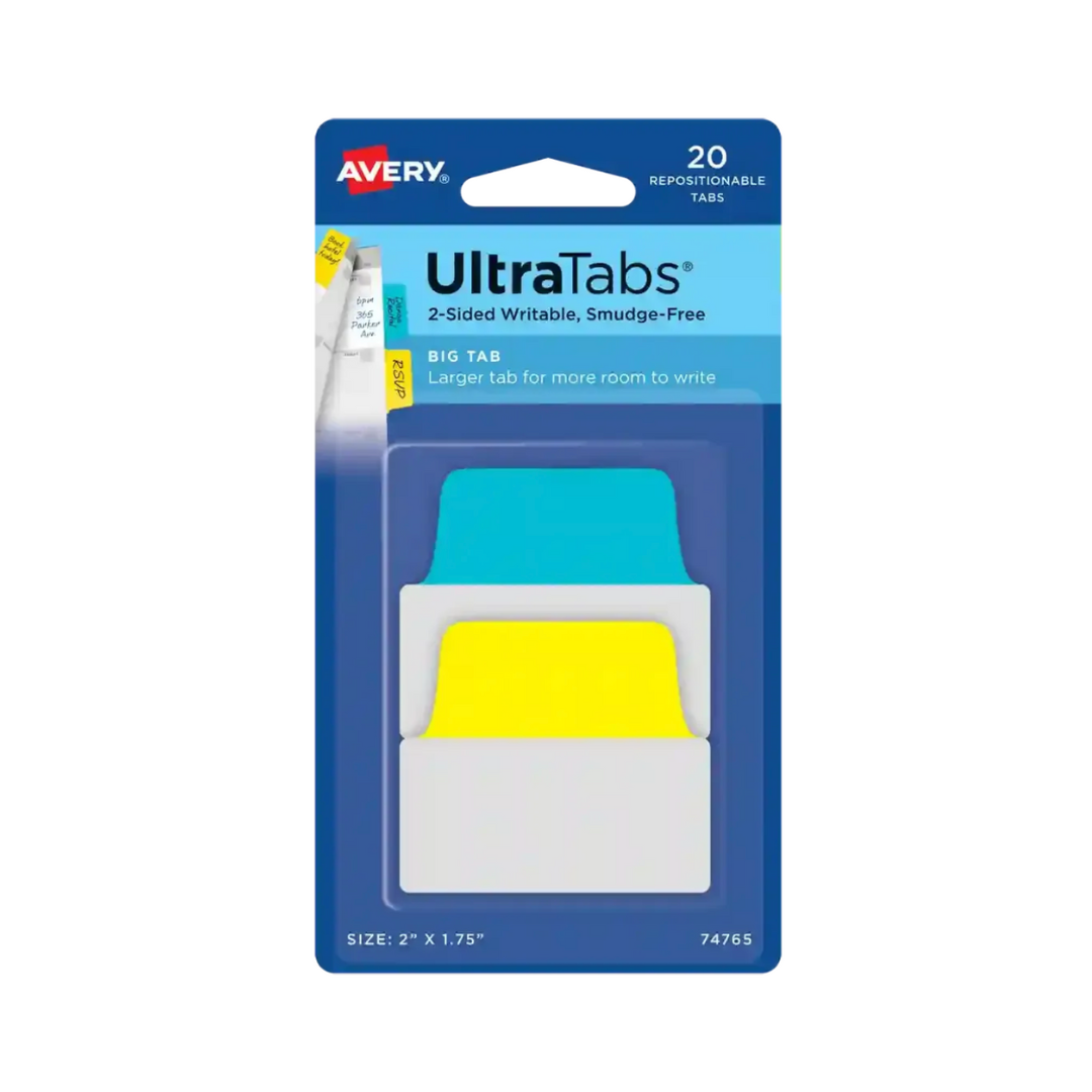 Avery® Banderitas adhesivas, Ultra Tabs®, amarillo/azul, 5.1 x 4.4 cms, 20 pestañas grandes reposicionables, escritura por las dos caras (74765)