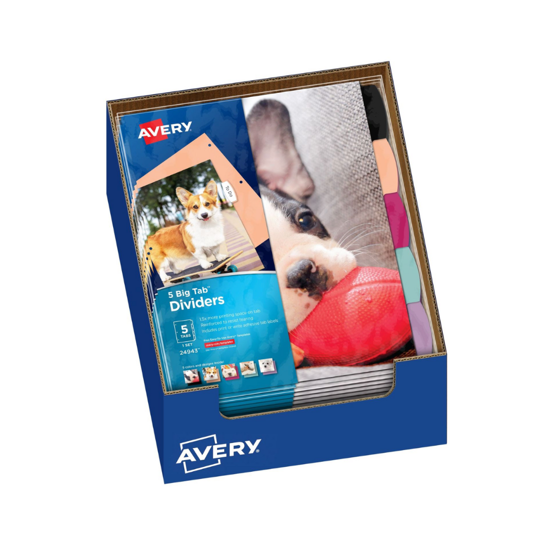 Avery® Big Tab™ Separadores reversibles, 5 separadores por set, diseño de cachorros (24943)