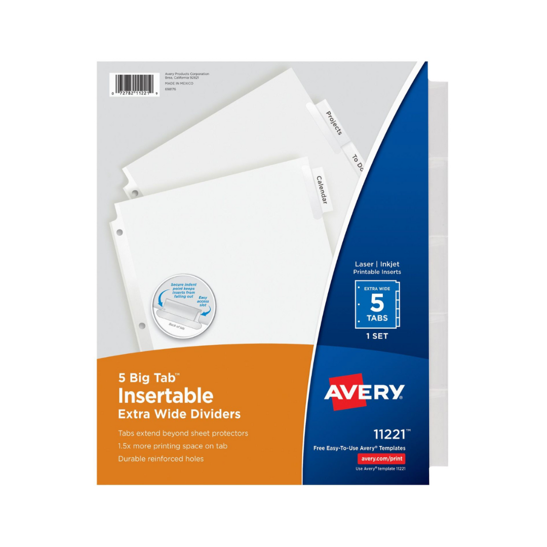 Avery® Separadores insertables extra anchos Big Tab™ para carpetas de 3 anillos, juego de 5 separadores papel blanco, pestañas transparentes, 1 set (11221)