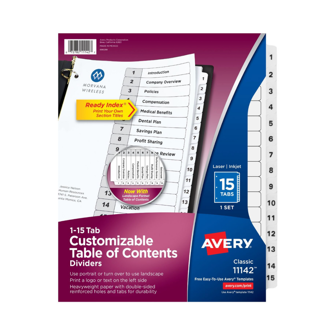 Avery® separadores de carpeta con pestañas, Ready Index®, tabla de contenido personalizable, 15 separadores blancos clásicos, 1 juego (11142)