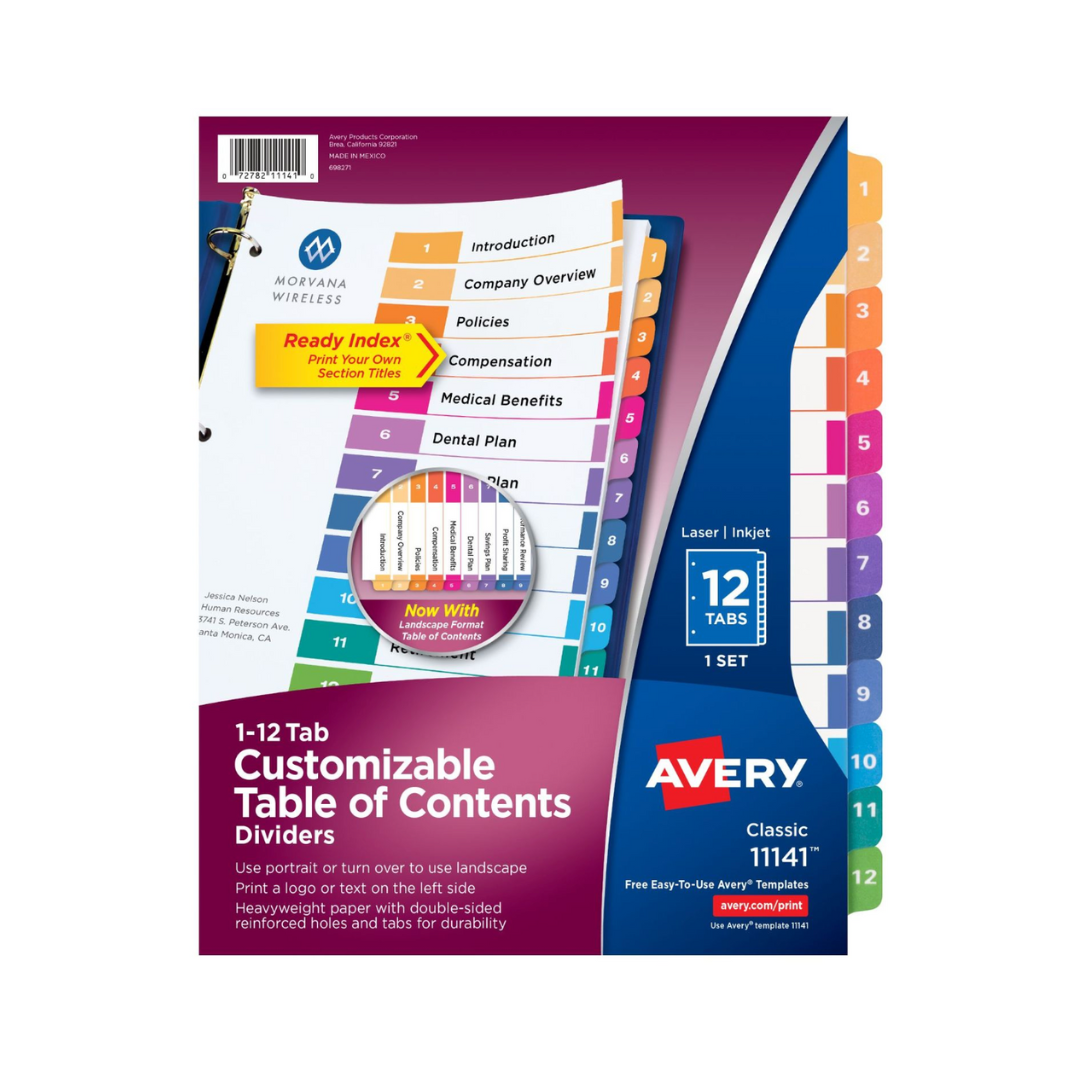 Avery® Separadores de carpeta con pestañas, Ready Index®, tabla de contenido personalizable,  separadores multicolor clásicos enumerados del 1 al 12, 1 juego (11141)