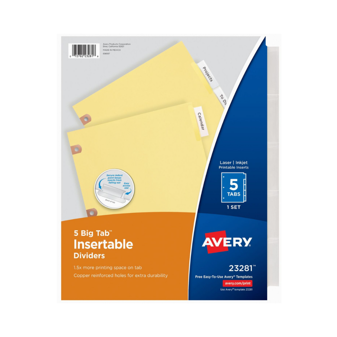 Avery® Separadores insertables Big Tab™, papel resistente, pestañas transparentes, juego de 8 separadores (23281)