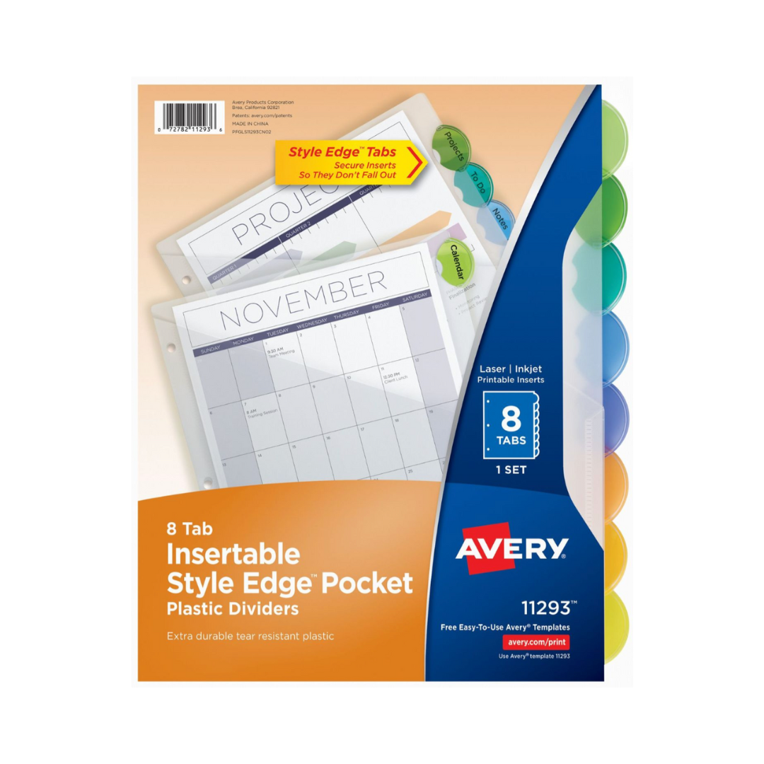 Avery® Insertable Style Edge Separadores de plástico con bolsillos, Set 8 separadores, multicolor (11293)