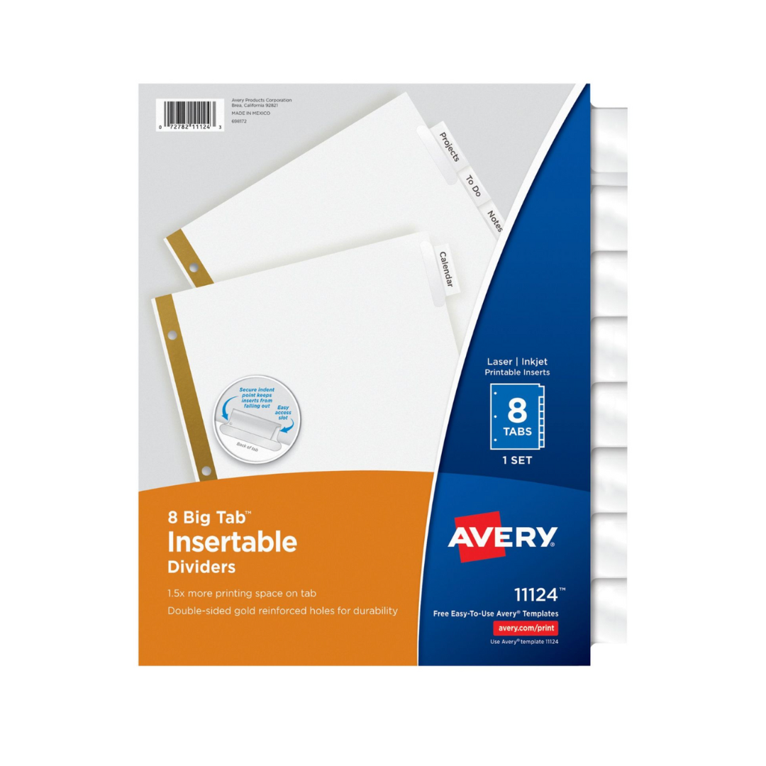 Avery® Separadores insertables Big Tab™, juego de 8 separadores, papel blanco y pestañas transparentes (11124)