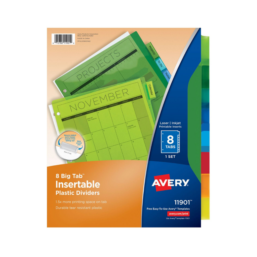 Avery® Big Tab™ Separadores de plástico insertables, juego de 8 pestañas, multicolor (11901)