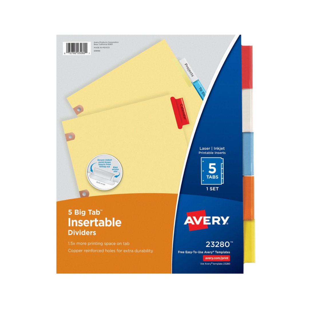 Avery® Separadores insertables Big Tab™, papel resistente, set de 5 separadores, con pestañas multicolor (23280)