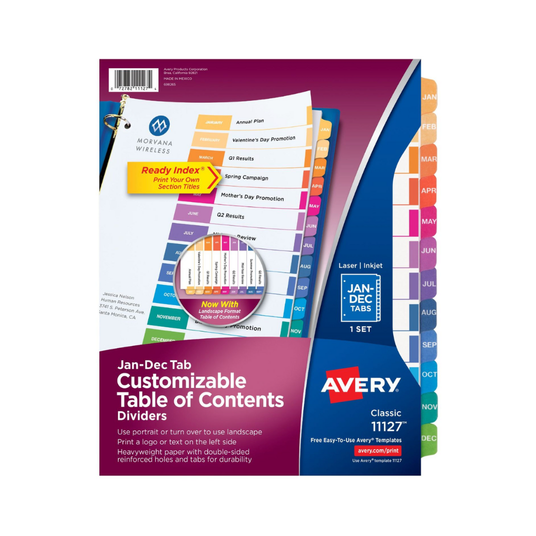 Avery® Separadores mensuales Ready Index®, tabla de contenido personalizable, pestañas multicolor clásicas, 1 juego (11127)