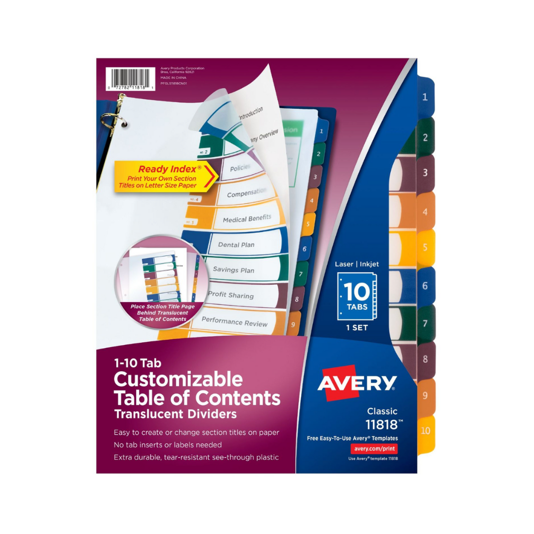 Avery® Separadores de plástico para 10 pestañas Ready Index® , tabla de contenido personalizable, pestañas multicolores, 1 juego (11818)