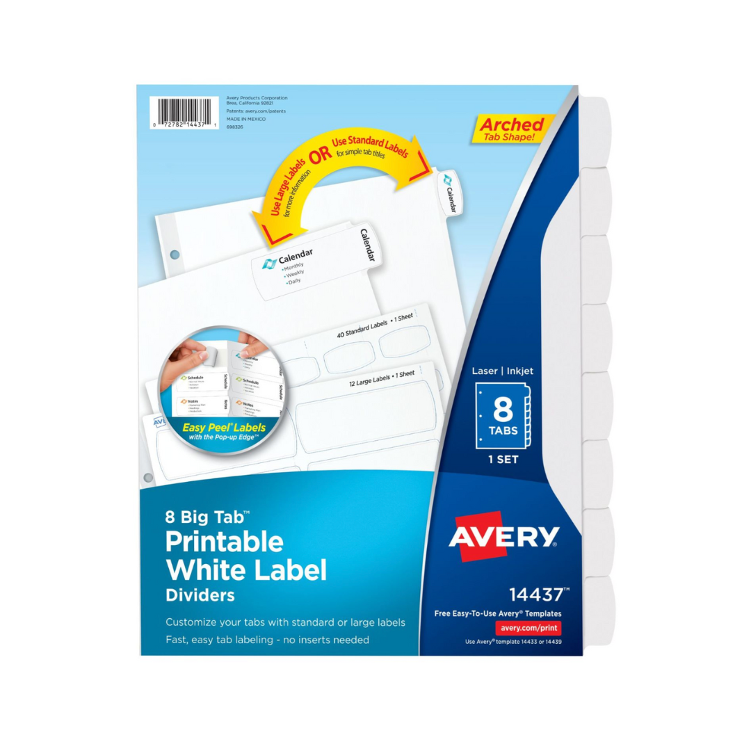 Avery® Separadores de etiquetas imprimibles Big Tab™, Easy Peel®, set de 8 separadores (14437)