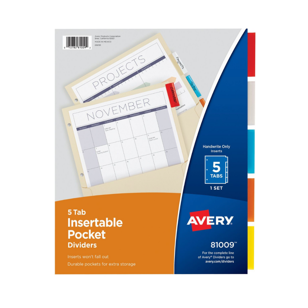Avery® Separadores insertables con bolsillos, papel manila, set de 5 separadores, multicolor (81009)