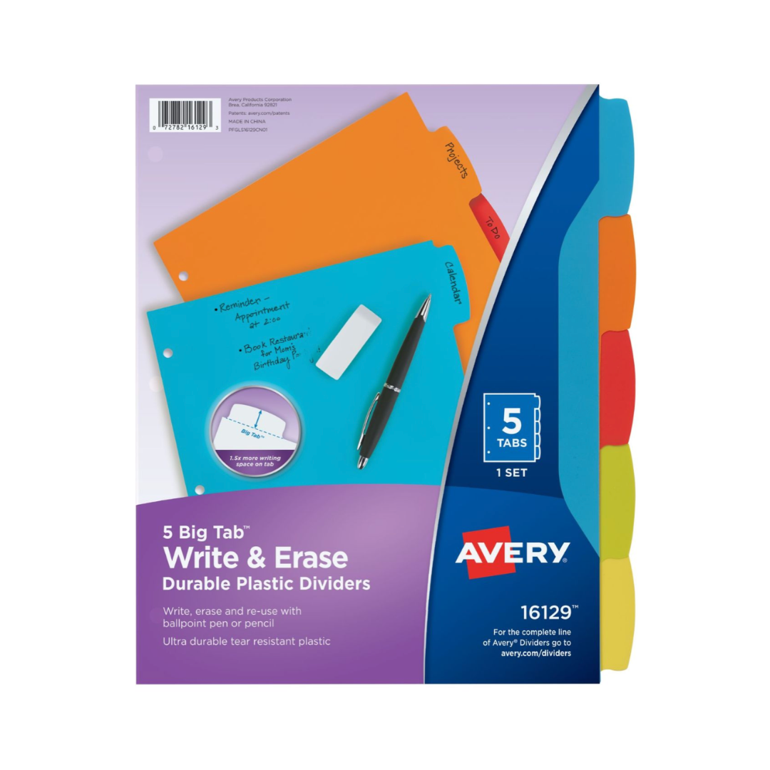 Avery® Big Tab™ Separadores de plástico duradero para escribir y borrar, juego de 5 separadores, multicolor (16129)